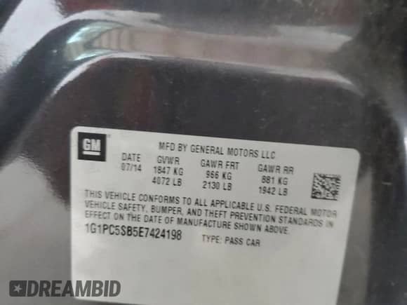 2014 Chevrolet Cruze 1LT z VIN 1G1PC5SB5E7424198, wystawiony jako Copart lot #61840515 z przebiegiem 266 344 mil mil oraz Nie do naprawy • Non repairable. Historia ofert i sprzedaży dostępna na DreamBid. Obrazek 12.
