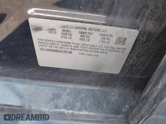 2012 Chevrolet Sonic LS with VIN 1G1JA5SH8C4176186, listed as a IAAI auction lot 42006442 with Not provided miles and . Bid and sale history available at DreamBid. Image 9.