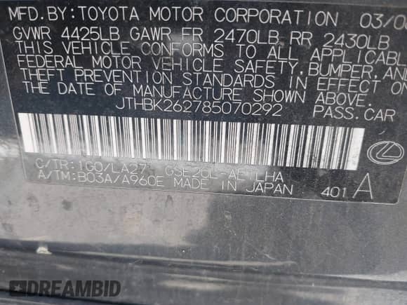 2008 Lexus IS 250 с VIN JTHBK262785070292, выставлен на аукционе IAAI как лот 43358772 с пробегом 168 205 миль миль и . История ставок и продаж доступна на DreamBid. Изображение 9.