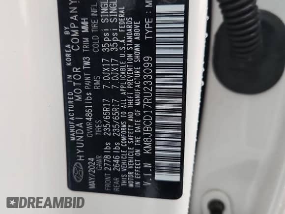 2024 Hyundai Tucson Blue с VIN KM8JBCD17RU233099, выставлен на аукционе Copart как лот 70289065 с пробегом 8 895 миль миль и Списание • Salvage title. История ставок и продаж доступна на DreamBid. Изображение 13.