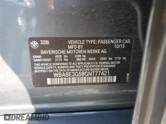 2016 BMW 3 Series 328i xDrive with VIN WBA8E3G58GNT77421, listed as a Copart auction lot 68249065 with 143,830 mi miles and Salvage title. Bid and sale history available at DreamBid. Image 13.