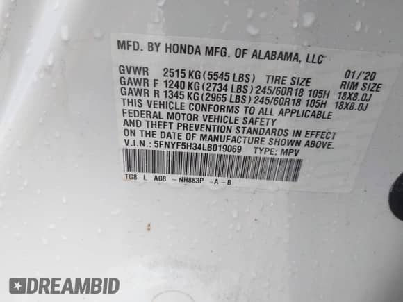 2020 Honda Pilot EX z VIN 5FNYF5H34LB019069, wystawiony jako IAAI lot #41538583 z przebiegiem 55 424 mil mil oraz . Historia ofert i sprzedaży dostępna na DreamBid. Obrazek 9.