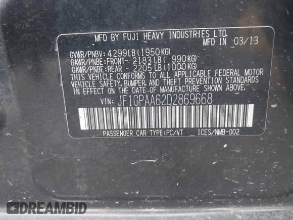 2013 Subaru Impreza 2.0i z VIN JF1GPAA62D2869668, wystawiony jako IAAI lot #42677588 z przebiegiem 202 666 mil mil oraz . Historia ofert i sprzedaży dostępna na DreamBid. Obrazek 9.