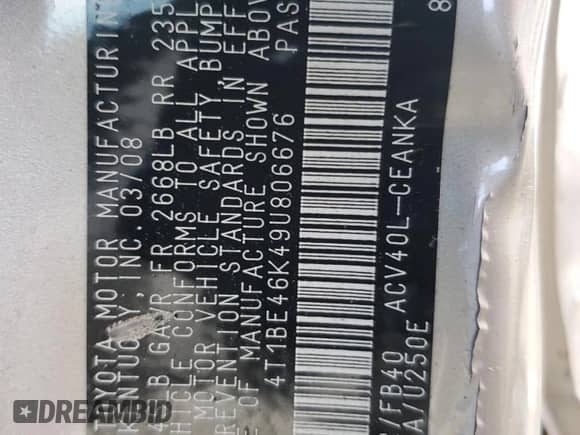 2009 Toyota Camry с VIN 4T1BE46K49U806676, выставлен на аукционе Copart как лот 80492775 с пробегом 97 856 миль миль и Списание • Salvage title. История ставок и продаж доступна на DreamBid. Изображение 12.