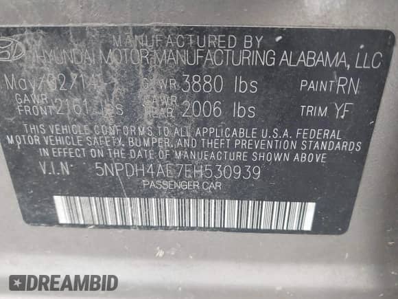 2014 Hyundai Elantra SE с VIN 5NPDH4AE7EH530939, выставлен на аукционе IAAI как лот 43357117 с пробегом 198 691 миль миль и . История ставок и продаж доступна на DreamBid. Изображение 9.