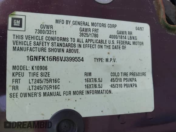 1997 Chevrolet Suburban с VIN 1GNFK16R6VJ399554, выставлен на аукционе IAAI как лот 43159727 с пробегом 109 287 миль миль и . История ставок и продаж доступна на DreamBid. Изображение 9.
