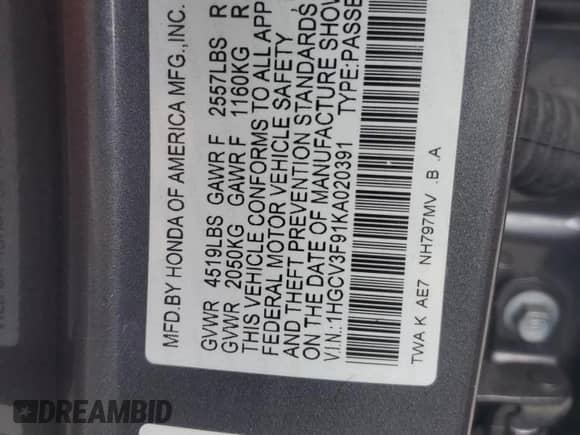 2019 Honda Accord Touring with VIN 1HGCV3F91KA020391, listed as a Copart auction lot 81862275 with 90,257 mi miles and Salvage title. Bid and sale history available at DreamBid. Image 13.