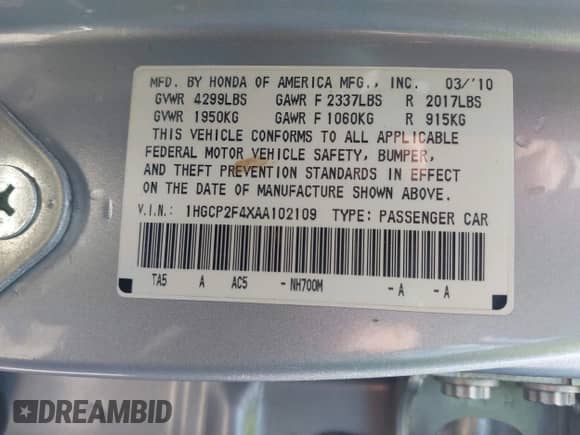 2010 Honda Accord LX-P with VIN 1HGCP2F4XAA102109, listed as a IAAI auction lot 42567314 with Not provided miles and . Bid and sale history available at DreamBid. Image 9.