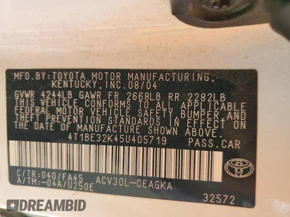 2005 Toyota Camry LE with VIN 4T1BE32K45U405719, listed as a Copart auction lot 84705675 with 200,560 mi miles and Non repairable. Bid and sale history available at DreamBid. Image 13.