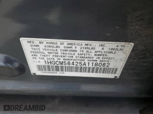 2005 Honda Accord LX with VIN 1HGCM56425A118062, listed as a Copart auction lot 66635865 with 139,774 mi miles and Salvage title. Bid and sale history available at DreamBid. Image 12.