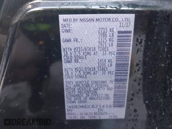 2018 Nissan Pathfinder SL with VIN 5N1DR2MN8JC625458, listed as a IAAI auction lot 42632794 with 182,317 mi miles and . Bid and sale history available at DreamBid. Image 9.