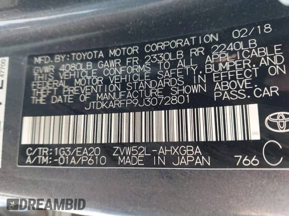 2018 Toyota Prius Plus z VIN JTDKARFP9J3072801, wystawiony jako IAAI lot #41741739 z przebiegiem 80 953 mil mil oraz . Historia ofert i sprzedaży dostępna na DreamBid. Obrazek 9.