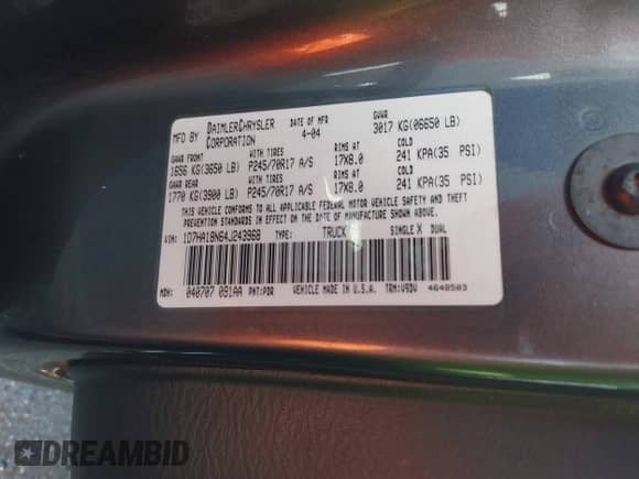 2004 Dodge 1500 SLT with VIN 1D7HA18N64J243968, listed as a IAAI auction lot 42872042 with 389,570 mi miles and . Bid and sale history available at DreamBid. Image 9.