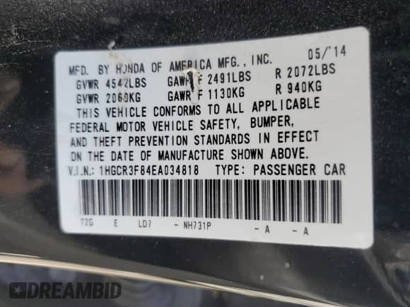 2014 Honda Accord EX-L with VIN 1HGCR3F84EA034818, listed as a Copart auction lot 80589815 with 97,871 mi miles and Salvage title. Bid and sale history available at DreamBid. Image 12.