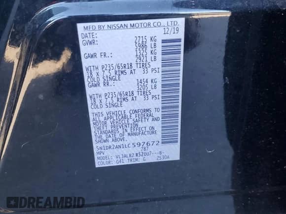 2020 Nissan Pathfinder S с VIN 5N1DR2AN1LC597672, выставлен на аукционе Copart как лот 87195935 с пробегом 209 455 миль миль и На запчасти • Non repairable. История ставок и продаж доступна на DreamBid. Изображение 13.