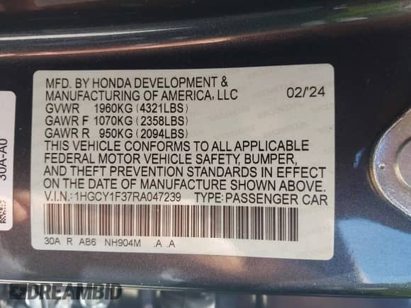 2024 Honda Accord EX z VIN 1HGCY1F37RA047239, wystawiony jako IAAI lot #42829654 z przebiegiem 16 568 mil mil oraz . Historia ofert i sprzedaży dostępna na DreamBid. Obrazek 9.