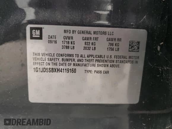 2017 Chevrolet Sonic LT with VIN 1G1JD5SBXH4119160, listed as a Copart auction lot 41571755 with 184,284 mi miles and Clean title. Bid and sale history available at DreamBid. Image 12.