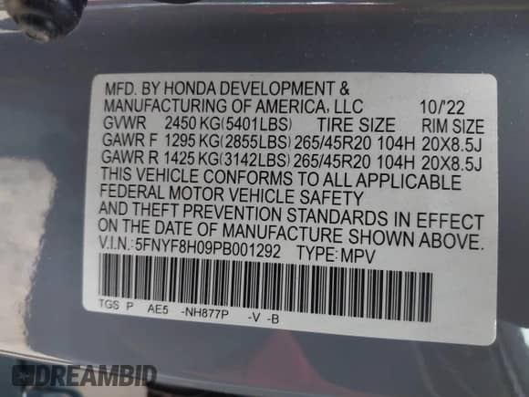 2023 Honda Passport Elite с VIN 5FNYF8H09PB001292, выставлен на аукционе IAAI как лот 41719875 с пробегом 37 537 миль миль и . История ставок и продаж доступна на DreamBid. Изображение 9.