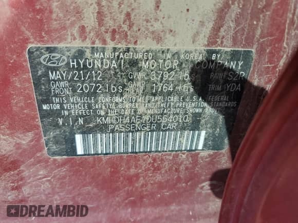 2013 Hyundai Elantra GLS с VIN KMHDH4AE1DU554010, выставлен на аукционе Copart как лот 80652305 с пробегом 107 892 миль миль и Списание • Salvage title. История ставок и продаж доступна на DreamBid. Изображение 12.