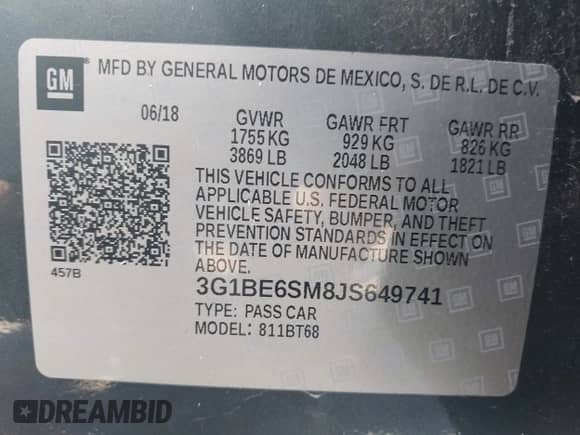 2018 Chevrolet Cruze LT with VIN 3G1BE6SM8JS649741, listed as a IAAI auction lot 42035644 with 19,137 mi miles and . Bid and sale history available at DreamBid. Image 9.