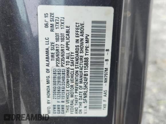 2015 Honda Odyssey LX with VIN 5FNRL5H24FB115888, listed as a Copart auction lot 68158785 with 139,233 mi miles and Salvage title. Bid and sale history available at DreamBid. Image 14.