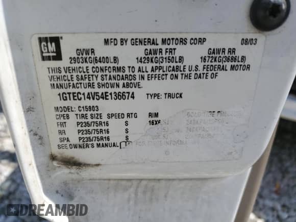 2004 GMC Sierra 1500 SLE with VIN 1GTEC14V54E136674, listed as a Copart auction lot 57258745 with 266,011 mi miles and Salvage title. Bid and sale history available at DreamBid. Image 13.