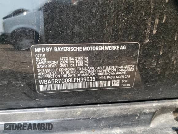 2020 BMW 3 Series 330i xDrive with VIN WBA5R7C08LFH39635, listed as a Copart auction lot 62665975 with 73,203 mi miles and Salvage title. Bid and sale history available at DreamBid. Image 12.