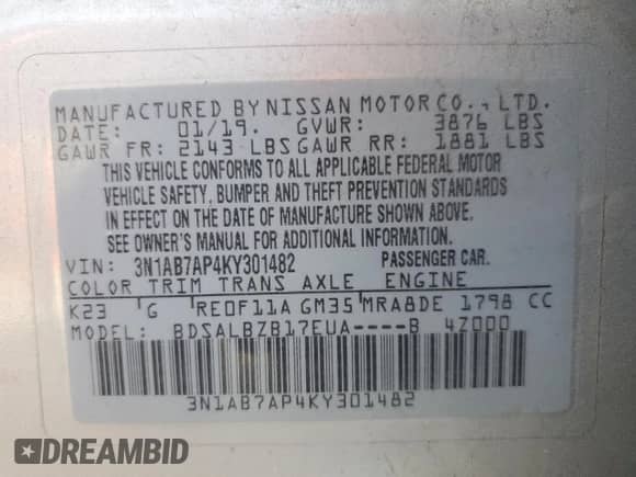 2019 Nissan Sentra SR with VIN 3N1AB7AP4KY301482, listed as a Copart auction lot 80962465 with 98,578 mi miles and Clean title. Bid and sale history available at DreamBid. Image 12.