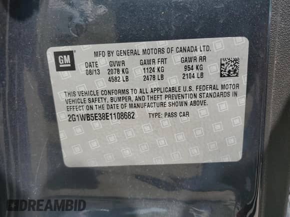 2014 Chevrolet Impala LT с VIN 2G1WB5E38E1108682, выставлен на аукционе Copart как лот 66776415 с пробегом 173 080 миль миль и Списание • Salvage title. История ставок и продаж доступна на DreamBid. Изображение 12.