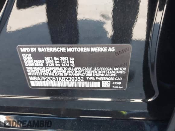 2019 BMW 7 Series 750i xDrive with VIN WBA7F2C51KB239352, listed as a IAAI auction lot 43169276 with 89,821 mi miles and . Bid and sale history available at DreamBid. Image 9.