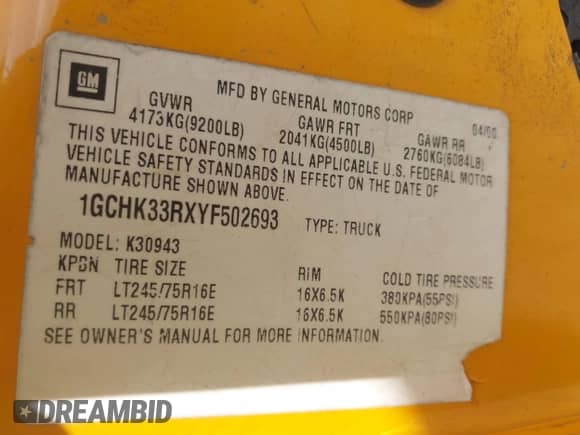 2000 Chevrolet Silverado 3500 с VIN 1GCHK33RXYF502693, выставлен на аукционе IAAI как лот 41941949 с пробегом 273 986 миль миль и . История ставок и продаж доступна на DreamBid. Изображение 9.