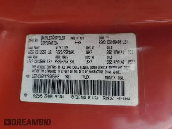 2000 Dodge 1500 with VIN 1B7HC16Y4YS505648, listed as a Copart auction lot 73414384 with 162,587 mi miles and Salvage title. Bid and sale history available at DreamBid. Image 12.