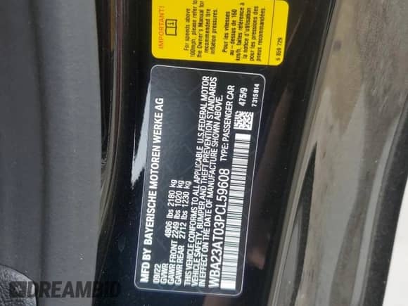 2023 BMW 4 Series 430i z VIN WBA23AT03PCL59608, wystawiony jako Copart lot #54354705 z przebiegiem Nie podano mil oraz Szkoda całkowita • Salvage title. Historia ofert i sprzedaży dostępna na DreamBid. Obrazek 12.