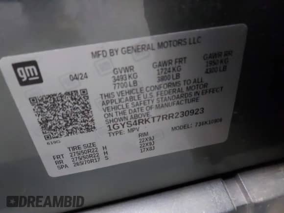 2024 Cadillac Escalade with VIN 1GYS4RKT7RR230923, listed as a IAAI auction lot 41073003 with 9,513 mi miles and . Bid and sale history available at DreamBid. Image 9.