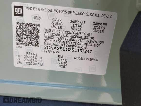 2025 Chevrolet Equinox AWD ACTIV с VIN 3GNAXSEG2SL167247, выставлен на аукционе Copart как лот 69662295 с пробегом 4 043 миль миль и Списание • Salvage title. История ставок и продаж доступна на DreamBid. Изображение 14.