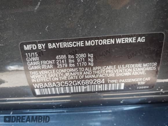 2016 BMW 3 Series 320i xDrive with VIN WBA8A3C52GK689284, listed as a IAAI auction lot 42545512 with 61,174 mi miles and . Bid and sale history available at DreamBid. Image 9.