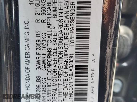 2018 Honda Accord EX z VIN 1HGCV1F46JA033581, wystawiony jako Copart lot #68219725 z przebiegiem 68 621 mil mil oraz Szkoda całkowita • Salvage title. Historia ofert i sprzedaży dostępna na DreamBid. Obrazek 12.