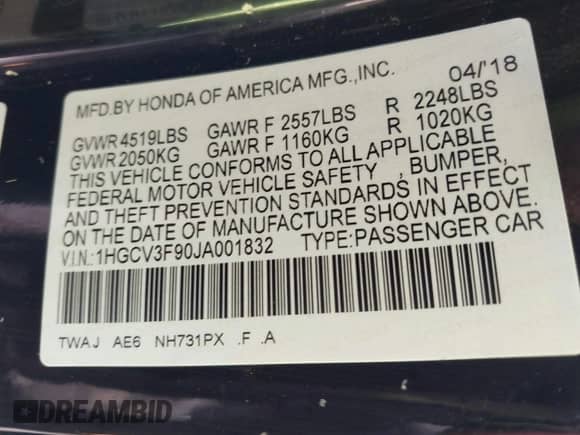 2018 Honda Accord Touring with VIN 1HGCV3F90JA001832, listed as a IAAI auction lot 41738453 with 116,403 mi miles and . Bid and sale history available at DreamBid. Image 9.