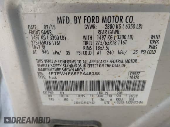 2015 Ford F-150 XLT с VIN 1FTEW1E85FFA48088, выставлен на аукционе IAAI как лот 43406109 с пробегом 241 008 миль миль и . История ставок и продаж доступна на DreamBid. Изображение 9.