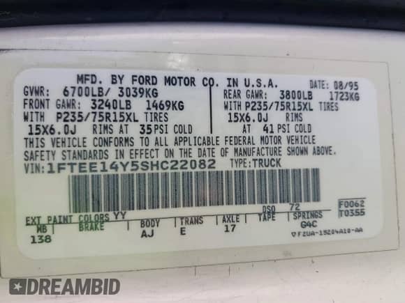 1995 Ford Econoline Cargo with VIN 1FTEE14Y5SHC22082, listed as a IAAI auction lot 42682594 with 139,573 mi miles and . Bid and sale history available at DreamBid. Image 9.