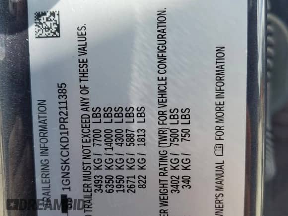 2023 Chevrolet Suburban LT z VIN 1GNSKCKD1PR211385, wystawiony jako Copart lot #81749235 z przebiegiem 68 203 mil mil oraz Szkoda całkowita • Salvage title. Historia ofert i sprzedaży dostępna na DreamBid. Obrazek 14.