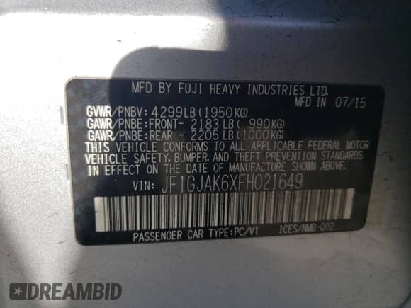 2015 Subaru Impreza Premium с VIN JF1GJAK6XFH021649, выставлен на аукционе Copart как лот 85494385 с пробегом 184 615 миль миль и Чистый • Clean title. История ставок и продаж доступна на DreamBid. Изображение 12.