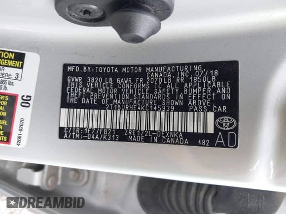 2019 Toyota Corolla L with VIN 2T1BURHE4KC145939, listed as a IAAI auction lot 42851787 with 81,208 mi miles and . Bid and sale history available at DreamBid. Image 9.