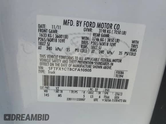 2012 Ford F-150 XL with VIN 1FTFX1CT8CFA10505, listed as a Copart auction lot 47169785 with 204,999 mi miles and Salvage title. Bid and sale history available at DreamBid. Image 14.