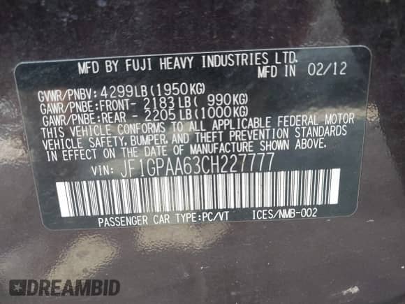 2012 Subaru Impreza 2.0i с VIN JF1GPAA63CH227777, выставлен на аукционе IAAI как лот 43260735 с пробегом 73 772 миль миль и . История ставок и продаж доступна на DreamBid. Изображение 9.