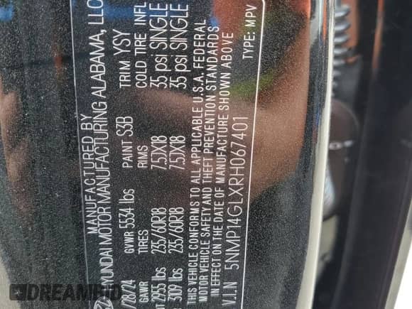 2024 Hyundai Santa Fe SE с VIN 5NMP14GLXRH067401, выставлен на аукционе Copart как лот 72748284 с пробегом 3 264 миль миль и Списание • Salvage title. История ставок и продаж доступна на DreamBid. Изображение 15.