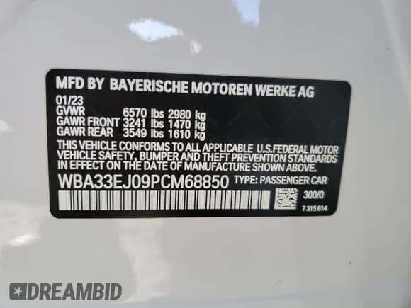 2023 BMW 7 Series 760i xDrive с VIN WBA33EJ09PCM68850, выставлен на аукционе Copart как лот 87250995 с пробегом 12 963 миль миль и Списание • Salvage title. История ставок и продаж доступна на DreamBid. Изображение 12.