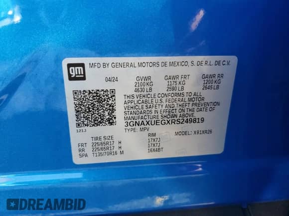 2024 Chevrolet Equinox LT с VIN 3GNAXUEGXRS249819, выставлен на аукционе Copart как лот 80565115 с пробегом Не указан миль и Списание • Salvage title. История ставок и продаж доступна на DreamBid. Изображение 12.