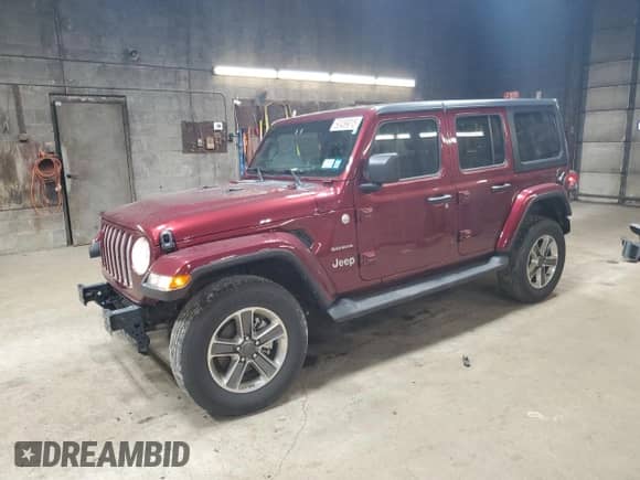 2021 Jeep Wrangler Unlimited Sahara with VIN 1C4HJXEGXMW758252, listed as a Copart auction lot 50489015 with 38,388 mi miles and Salvage title. Bid and sale history available at DreamBid. Image 1.