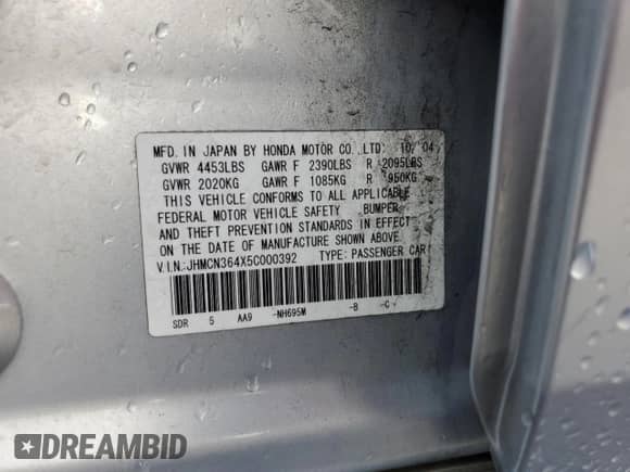2005 Honda Accord with VIN JHMCN364X5C000392, listed as a Copart auction lot 84042854 with 135,440 mi miles and Salvage title. Bid and sale history available at DreamBid. Image 12.